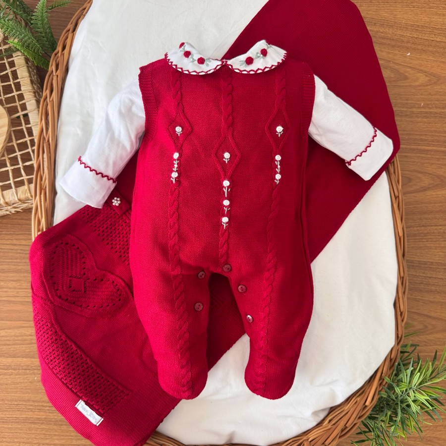  Saída de Maternidade Tiffany Gola Bordada - Vermelho